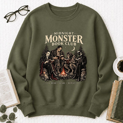 Midnight Monster Book Club Printed Sweatshirt | Halloween Book Lover Gift Military Green