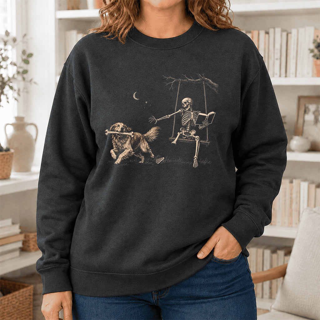 Funny Reading Book With Golden Retriever Printed Sweatshirt | Halloween Dog Lover & Reader Gift Dark Heather