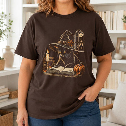 Reading Black Cat Witch Printed T-Shirt | Halloween Book Lover Gift Dark Chocolate