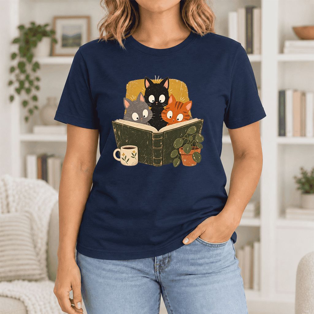 Curious Reading Cats Ultra-Soft Cotton T-Shirt | Cat Lover Reader Gift Navy