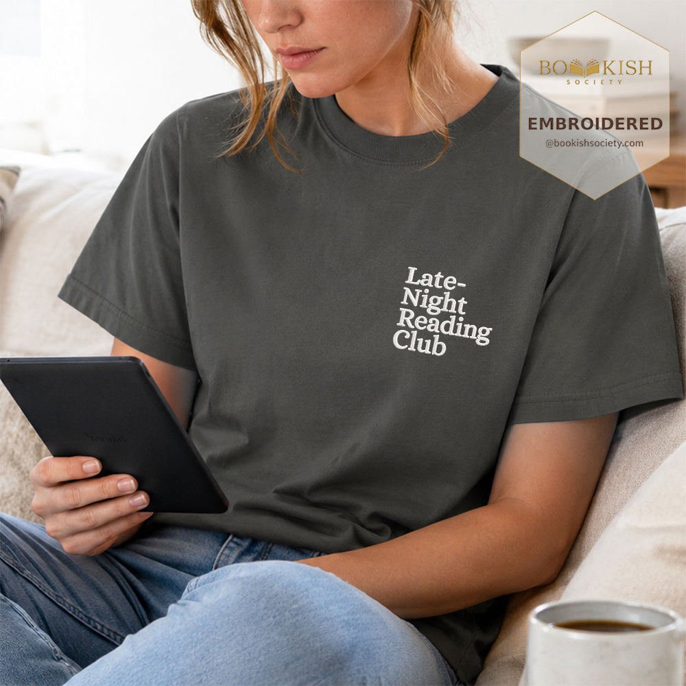 Late Night Reading Club Embroidered Comfort Color® T-shirt | Book Lover Gift Pepper