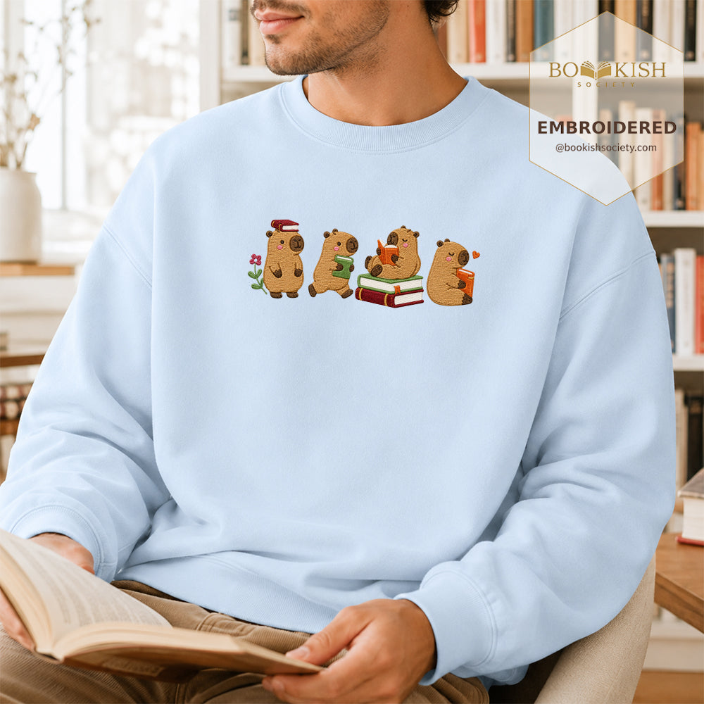 Reading Capybaras Embroidered Sweatshirt | Reader Gift Light Blue