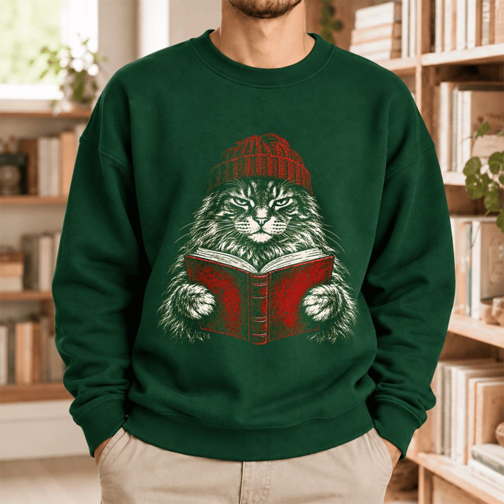 Vintage Reading Cat Maine Coon Softstyle Sweatshirt | Christmas Book Lover Gift Forest Green