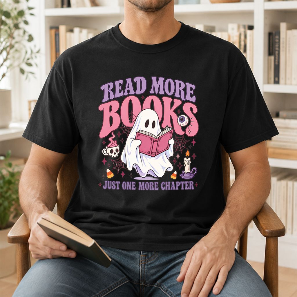 Read More Books Ghost Printed T-Shirt | Halloween Book Lover Gift Black