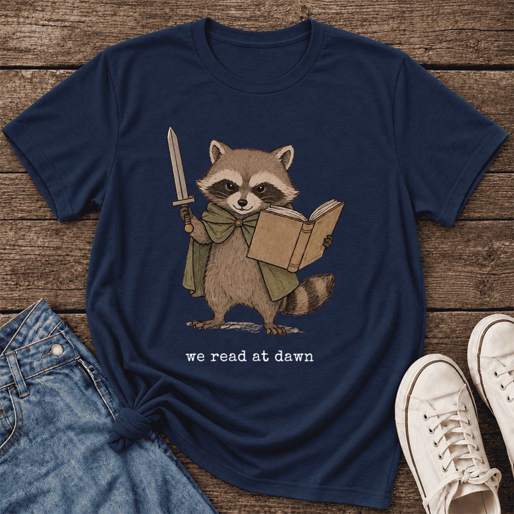 We Read At Dawn Funny Racoon Ultra-Soft Cotton T-Shirt | Playful Reader Gift Navy