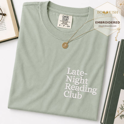 Late Night Reading Club Embroidered Comfort Color® T-shirt | Book Lover Gift Bay