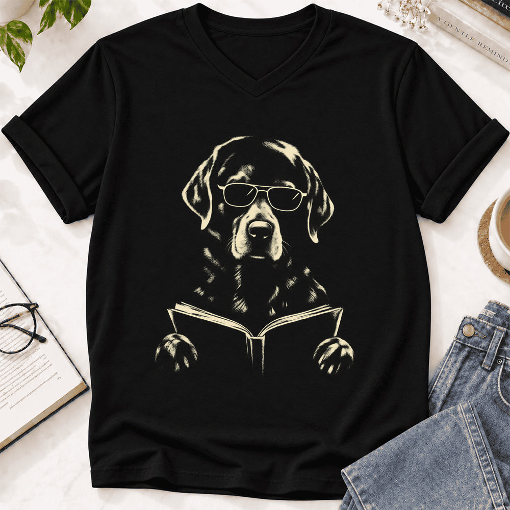 Labrador Retriever Reading Book Ultra-Soft V-Neck | Dog Mom Reader Gift Black