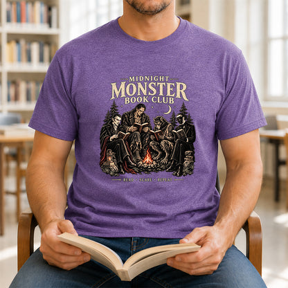 Midnight Monster Book Club Printed T-Shirt | Halloween Book Lover Gift Heather Purple