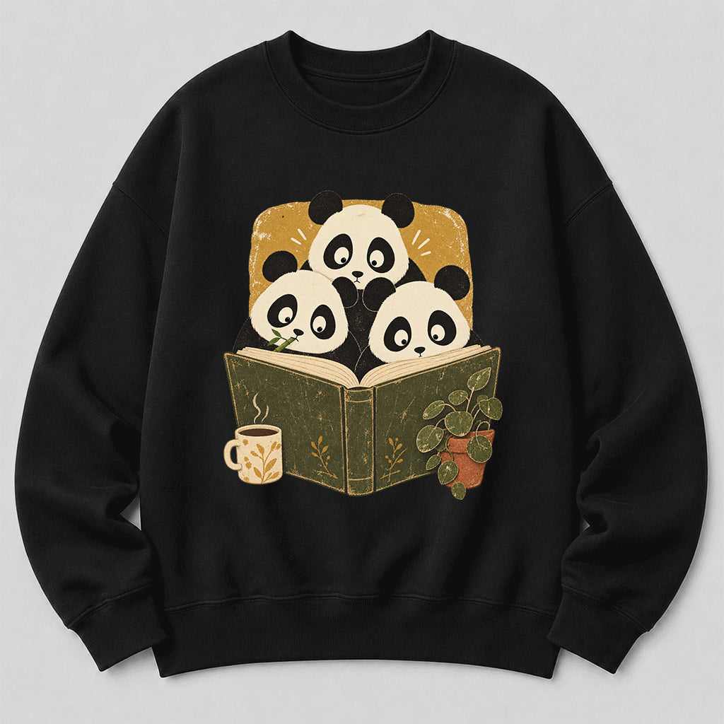 Curious Pandas Reading Crewneck Sweatshirt | Panda Lover & Reader Gift Black