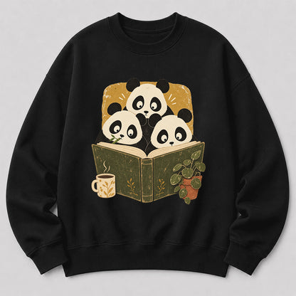 Curious Pandas Reading Crewneck Sweatshirt | Panda Lover & Reader Gift Black