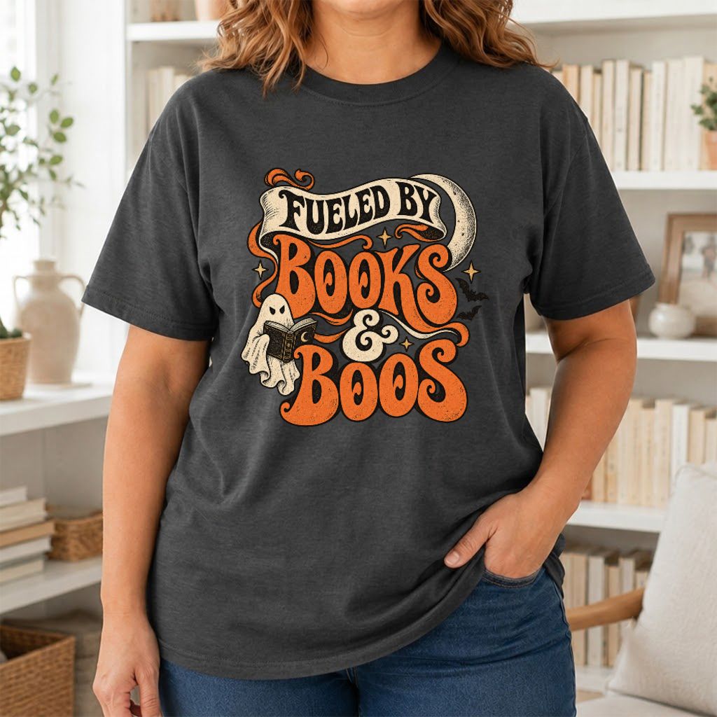 Fueled By Books & Boos Printed T-Shirt | Halloween Book Lover Gift Dark Heather