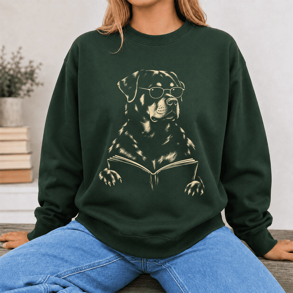 Rottweiler Reading Book Crewneck Sweatshirt | Reader Gift Forest Green