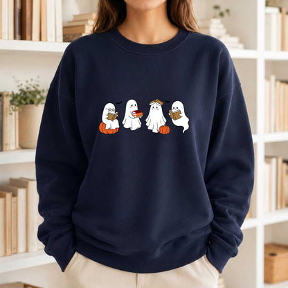 Halloween Ghosts Reading Printed Sweatshirt | Spooky Book Lover Gift Navy