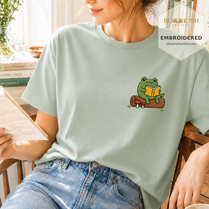 Embroidered Frog on Log Reading Book Comfort Color® T-shirt Book Lover Gift Bay