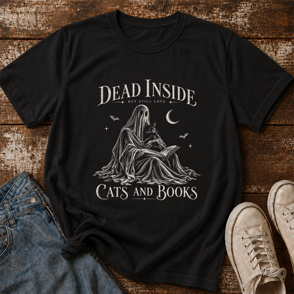Dead Inside But Still Love Cats And Books Printed T-Shirt | Halloween Gift Black