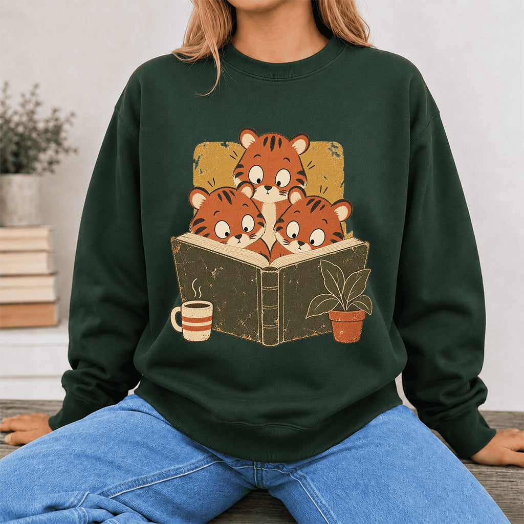 Minimal Japanese Tigers Reading Crewneck Sweatshirt | Reader Gift Forest Green
