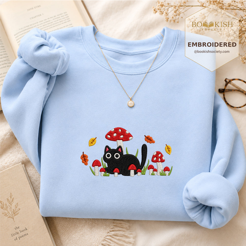 Mushroom Cat Embroidered Sweatshirt | Reader Gift Light Blue