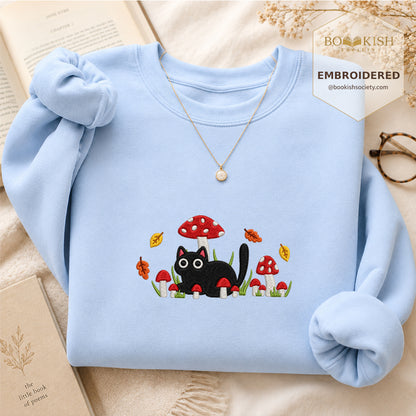 Mushroom Cat Embroidered Sweatshirt | Reader Gift Light Blue
