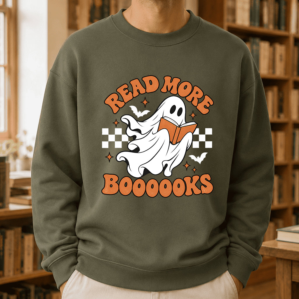 Read More Books Ghost Printed Sweatshirt | Halloween Book Lover Gift Military Green