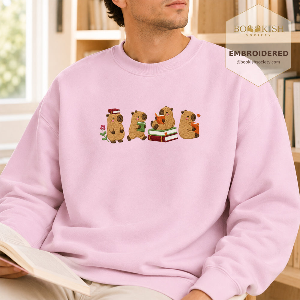 Reading Capybaras Embroidered Sweatshirt | Reader Gift Light Pink
