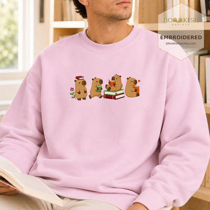 Reading Capybaras Embroidered Sweatshirt | Reader Gift Light Pink