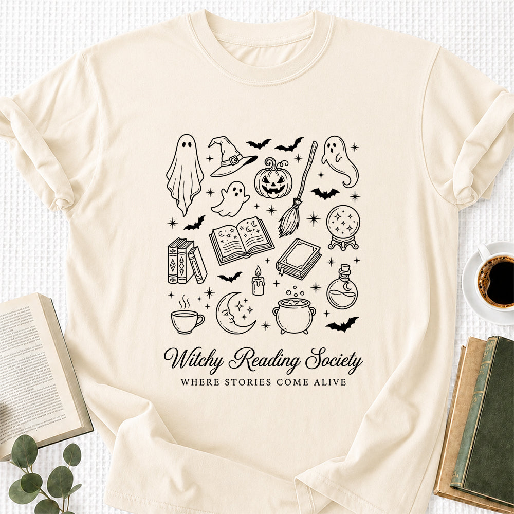 Witchy Reading Society Printed T-Shirt | Halloween Reader Gift Natural