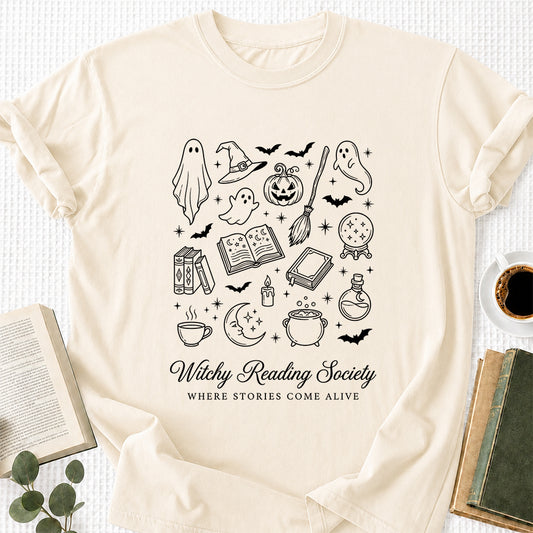 Witchy Reading Society Printed T-Shirt | Halloween Reader Gift Natural