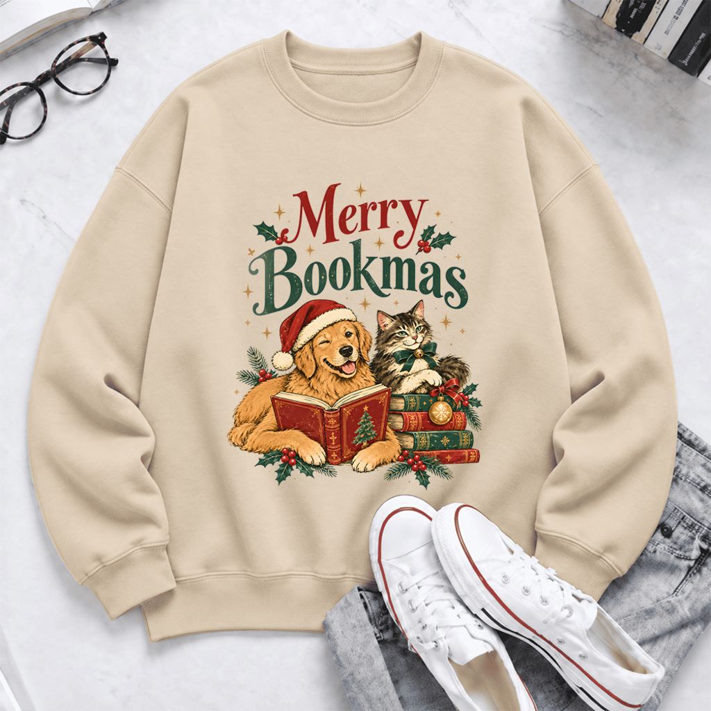 Merry Bookmas Softstyle Sweatshirt | Christmas Book Lover Gift Sand