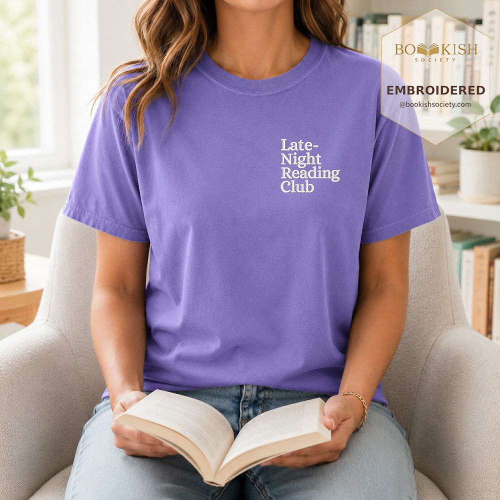 Late Night Reading Club Embroidered Comfort Color® T-shirt | Book Lover Gift Violet