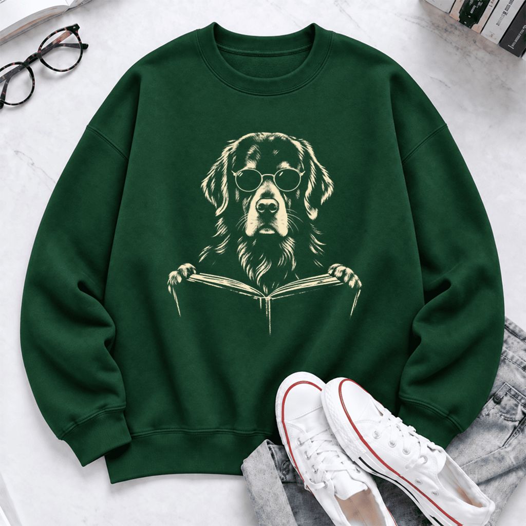 Golden Retriever Reading Book Softstyle Sweatshirt | Golden Retriever Gift Forest Green