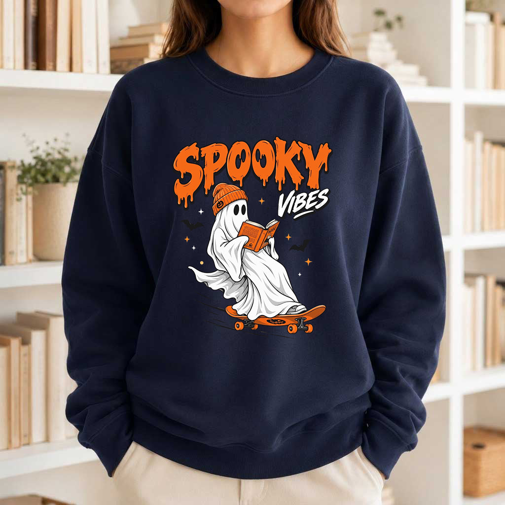 Spooky Vibes Printed Sweatshirt | Halloween Reader Gift Navy