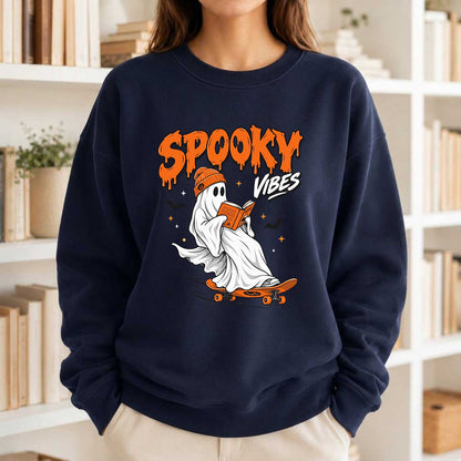 Spooky Vibes Printed Sweatshirt | Halloween Reader Gift Navy