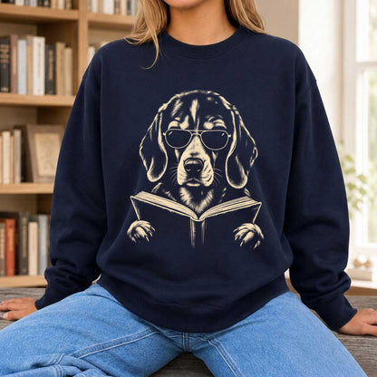 Beagle Reading Book Crewneck Sweatshirt | Reader Gift Navy