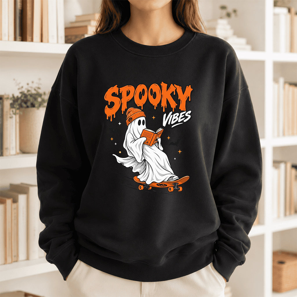 Spooky Vibes Printed Sweatshirt | Halloween Reader Gift Black