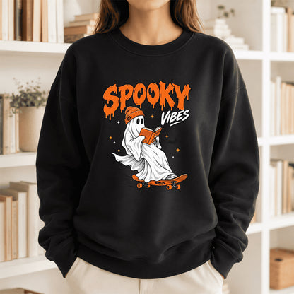 Spooky Vibes Printed Sweatshirt | Halloween Reader Gift Black