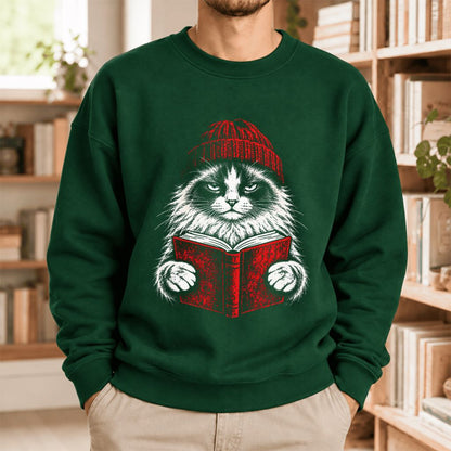 Vintage Reading Cat Ragdoll Softstyle Sweatshirt | Christmas Reader Gift Forest Green
