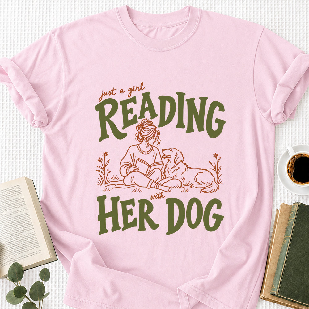 Just A Girl Reading With Her Dog Softstyle T-Shirt | Book Lover Gift Light Pink