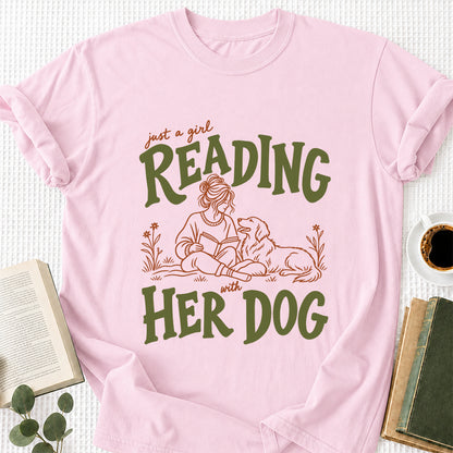 Just A Girl Reading With Her Dog Softstyle T-Shirt | Book Lover Gift Light Pink