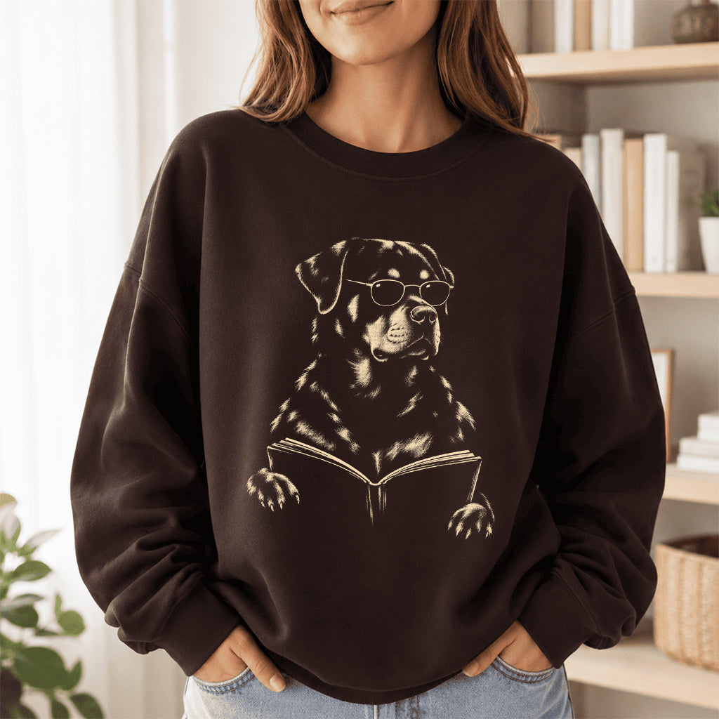 Rottweiler Reading Book Crewneck Sweatshirt | Reader Gift Dark Chocolate