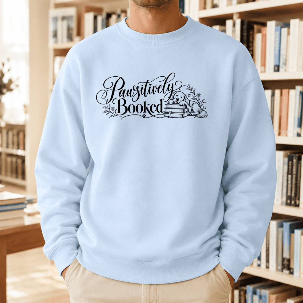 Pawsitively Booked Crewneck Sweatshirt | Dog Lover & Reader Gift Light Blue