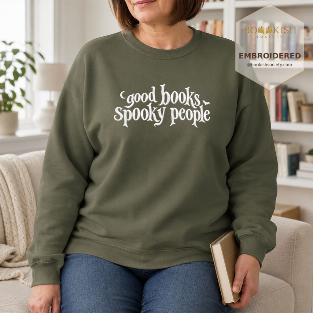 Good Books Spooky People Embroidered Sweatshirt | Halloween Book Lover Gift Military Green