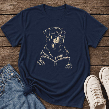 Rottweiler Reading Book Ultra-Soft Cotton T-Shirt | Dog Mom Reader Gift Navy
