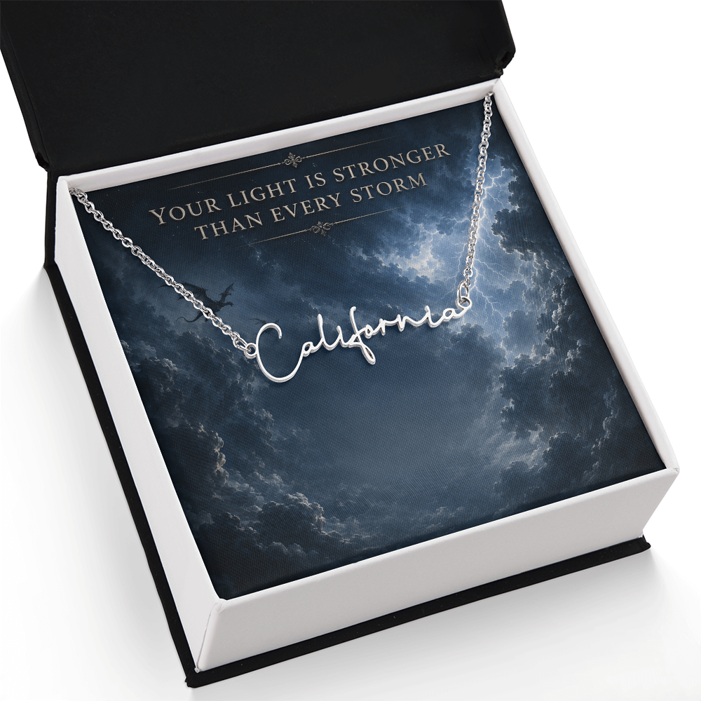 Your Light Is Stronger Decorative Card And Custom Name Polished Stainless Steel Necklace With Box Book Lover Gift Font 2