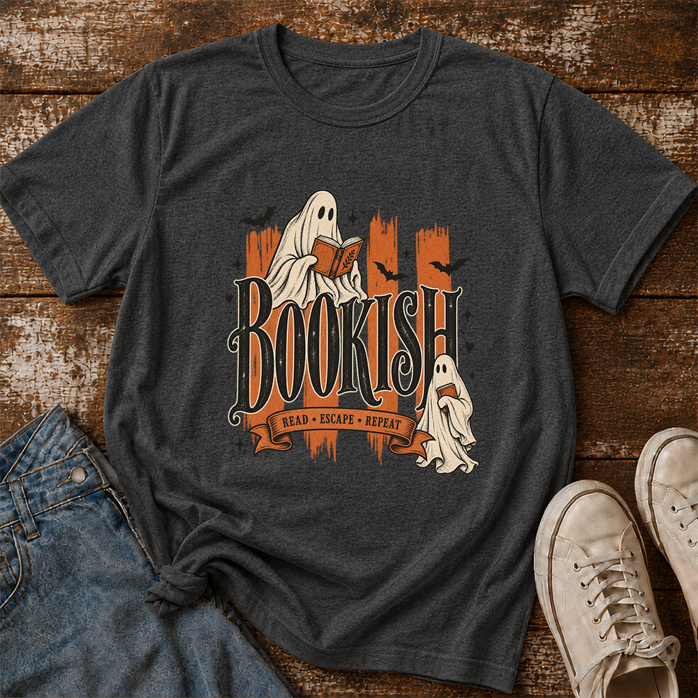 Bookish Read Escape Repeat Printed T-Shirt | Halloween Book Lover Gift Dark Heather