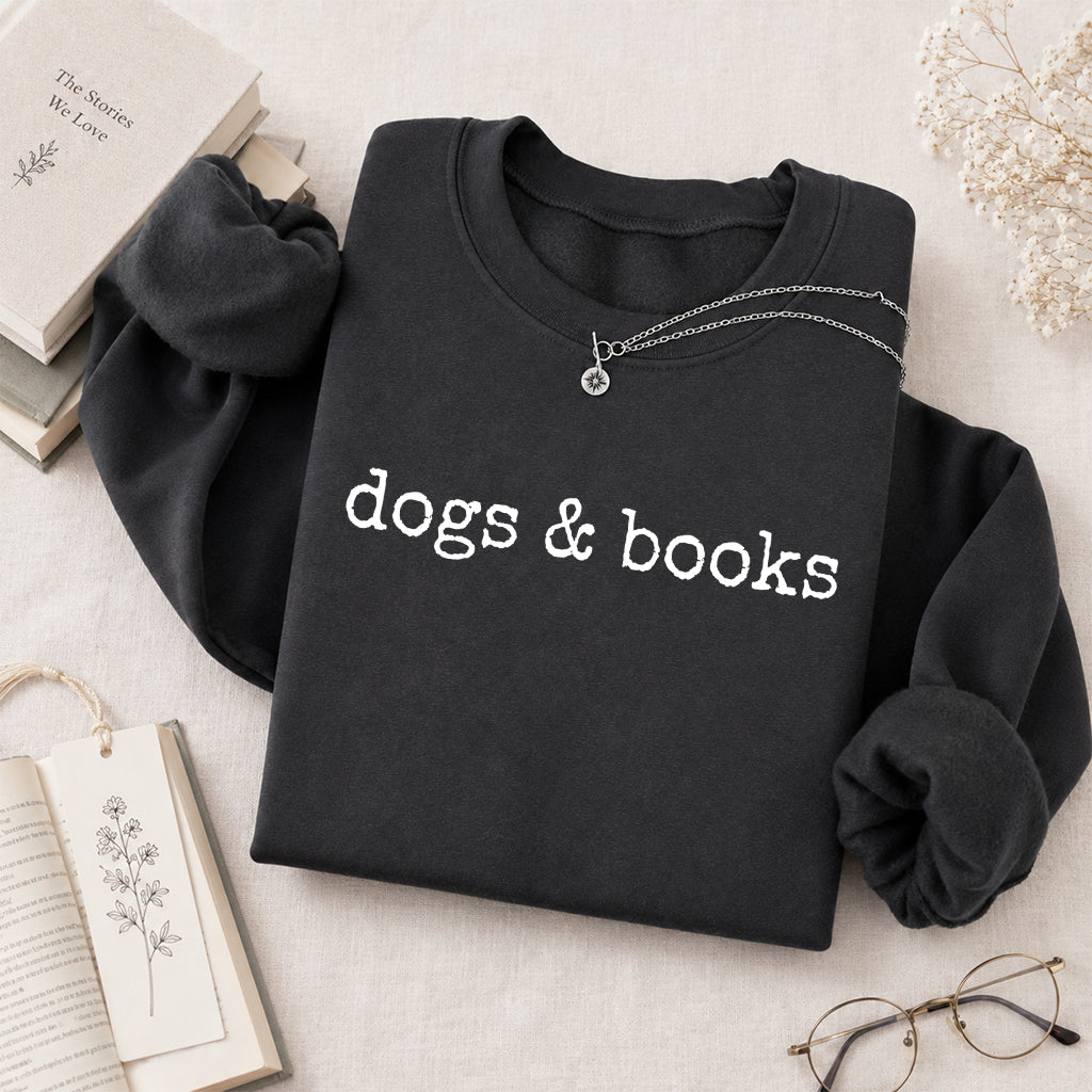 Dogs & Books Crewneck Sweatshirt | Dog Lover & Reader Gift Dark Heather