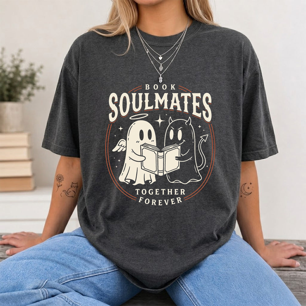 Book Soulmates Together Forever Printed T-Shirt | Halloween Book Lover Gift Dark Heather
