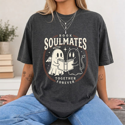 Book Soulmates Together Forever Printed T-Shirt | Halloween Book Lover Gift Dark Heather