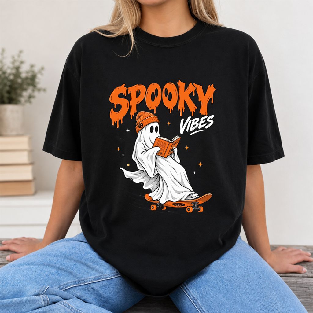 Spooky Vibes Printed T-Shirt | Halloween Book Lover Gift Black
