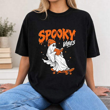 Spooky Vibes Printed T-Shirt | Halloween Book Lover Gift Black