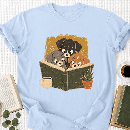 Minimal Japanese Dogs Reading Softstyle T-Shirt | Book Lover Gift Light Blue